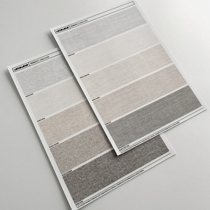 Sample of washable matte vinyl fabrics, eco-friendly inks, water resistant, for covering furniture and walls. Lokoloko