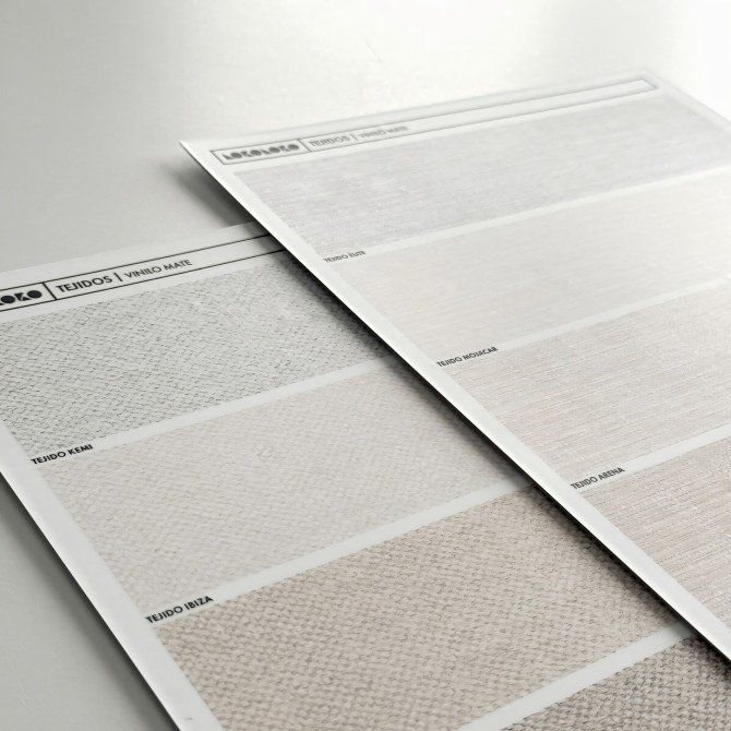 Sample of washable matte vinyl fabrics, eco-friendly inks, water resistant, for covering furniture and walls. Lokoloko