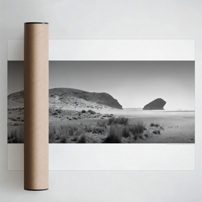 Póster fotográfico en papel ecológico texturizado de la playa de Mónsul. Cabo de Gata, Blanco y negro. Lokoloko