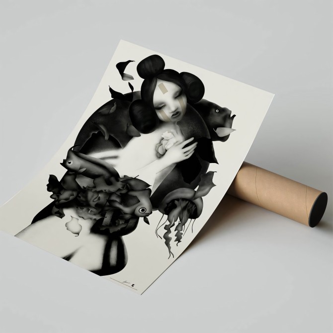 Artistic black and white geiko print with a contemporary touch