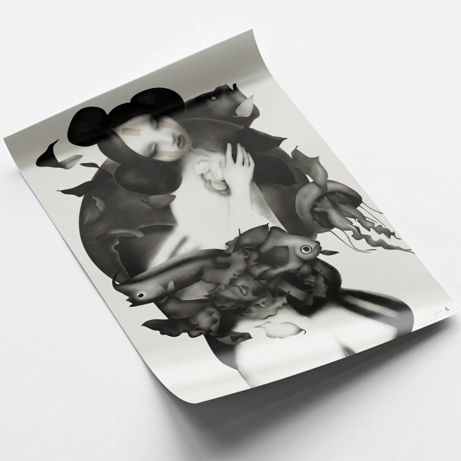 Ilustración de geiko 1 en blanco y negro para decoración minimalista