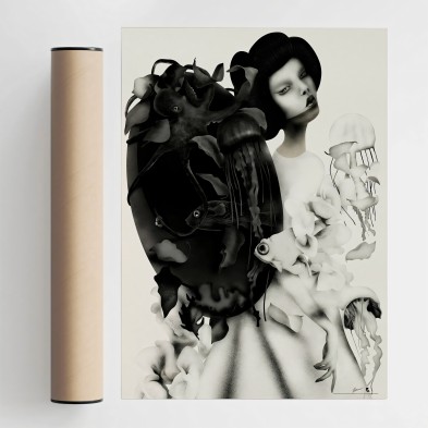 Ilustración de geiko  en blanco y negro para decoración minimalista