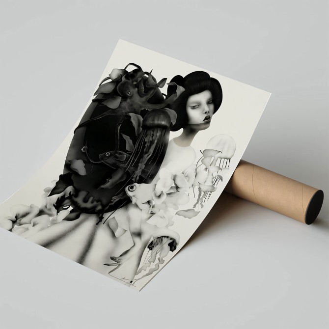 Lámina artística de geiko en blanco y negro con toque contemporáneo.
