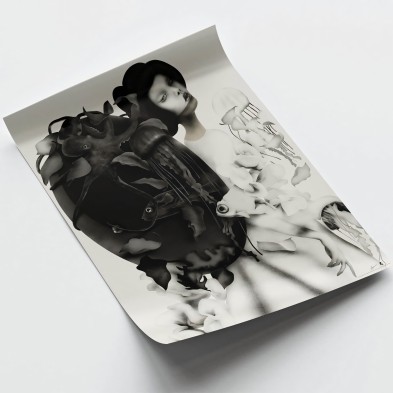 Arte japonés: lámina de geiko en blanco y negro elegante.