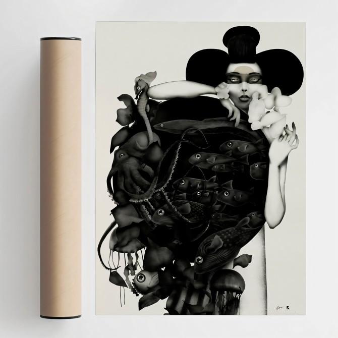 Ilustración de geiko  en blanco y negro para decoración minimalista