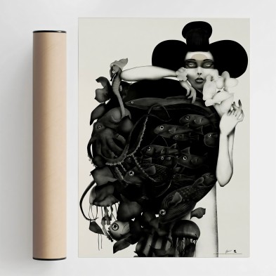 Ilustración de geiko  en blanco y negro para decoración minimalista