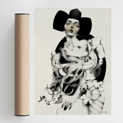 Ilustración de geiko  en blanco y negro para decoración minimalista