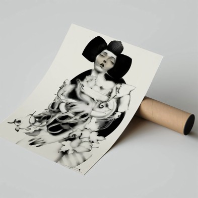 Lámina artística de geiko en blanco y negro con toque contemporáneo.