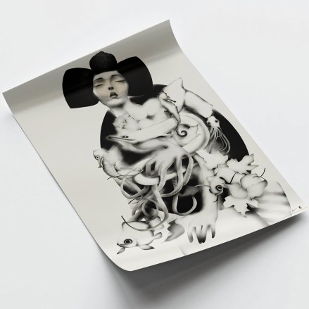 Arte japonés: lámina de geiko en blanco y negro elegante.