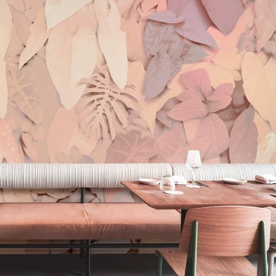 Mural de papel pintado ecológico texturizado autoadhesivo para paredes de restaurantes, con hojas rosas y tierras. Illier