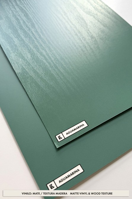 Aquamarine Green Vinyl for covering kitchen and bathroom cabinets, fireproof, washable, eco-friendly inks, matte, wood texture