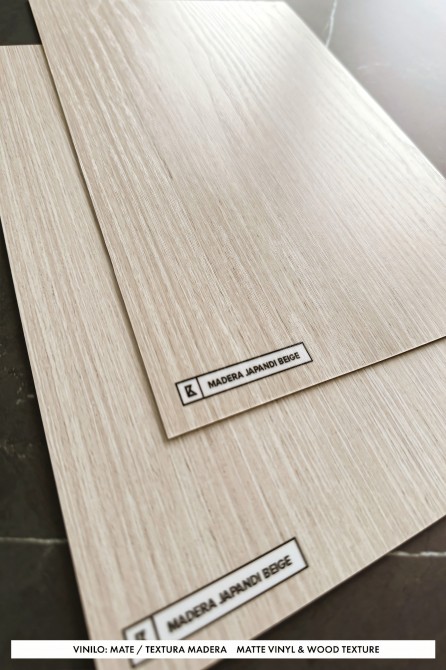 beige japandi wood vinyl to cover kitchen and bathroom furniture, waterproof, opaque. Matte or wood texture. Lokoloko