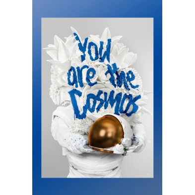 COSMOS poster with alabaster astronaut, flowers and cobalt blue text, PVC-free