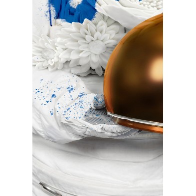 COSMOS, astronaut poster with flowers and handwritten cobalt message, eco print