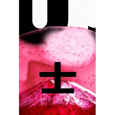 FUJI poster with black typography and Mount Fuji photo, magenta detail, satin finish, PVC-free