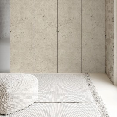 Cantabria Stone vinyl for rental bedroom wardrobes and hotels. Washable, fireproof, and sustainable. Lokoloko