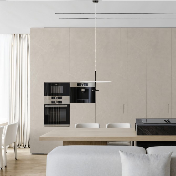 Formentera Stone vinyl for covering kitchen cabinets. Fireproof, water-resistant, and resistant to cleaning products. Lokoloko