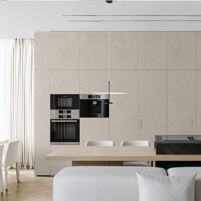 Formentera Stone vinyl for covering kitchen cabinets. Fireproof, water-resistant, and resistant to cleaning products. Lokoloko