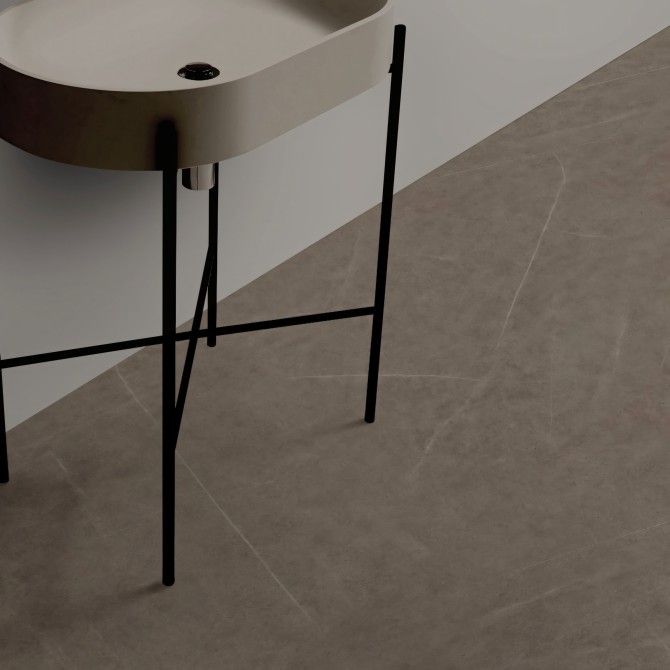 Lazareto Stone vinyl flooring with non-slip backing for bathrooms. Water-resistant and antibacterial. Lokoloko Greyish Brown