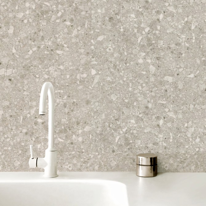 Terrazzo Escarpment vinyl for bathroom, toilet, and sink walls. Water-resistant, antibacterial, and eco-friendly inks. Lokoloko