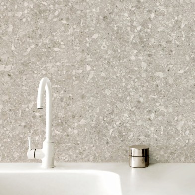 Terrazzo Escarpment vinyl for bathroom, toilet, and sink walls. Water-resistant, antibacterial, and eco-friendly inks. Lokoloko