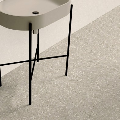 Terrazzo vinyl floor escarpment with non-slip backing for bathrooms. Water-resistant and antibacterial. Lokoloko