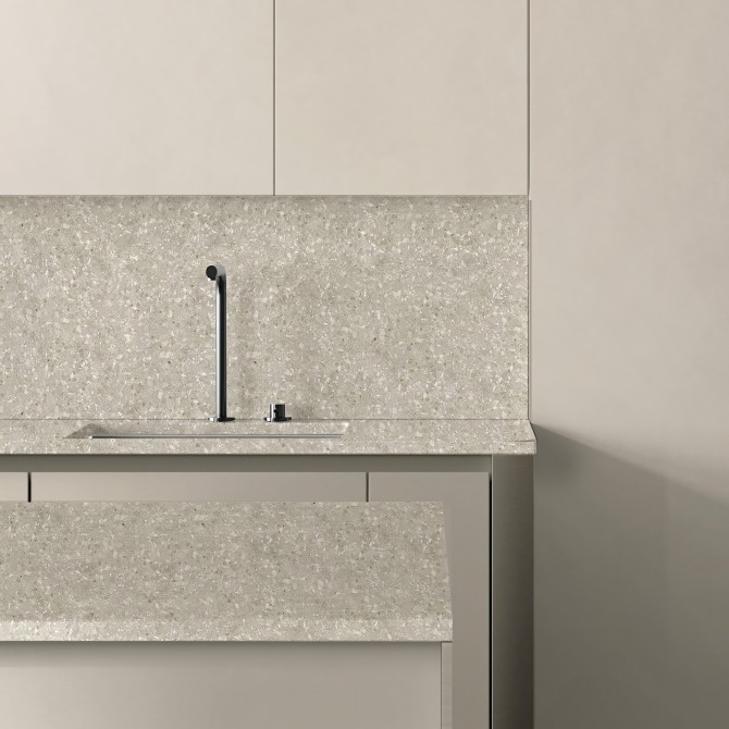 Terrazzo Escarpment vinyl for cladding open-plan kitchen walls and kitchen islands. Fireproof and water-resistant. Lokoloko