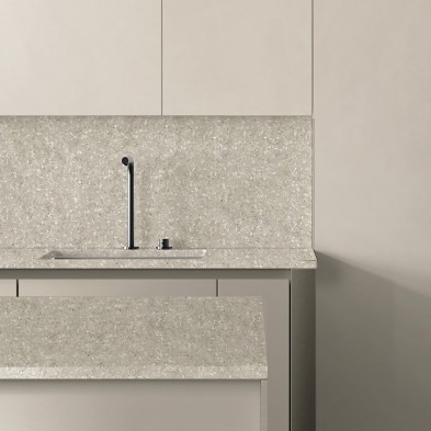 Terrazzo Escarpment vinyl for cladding open-plan kitchen walls and kitchen islands. Fireproof and water-resistant. Lokoloko