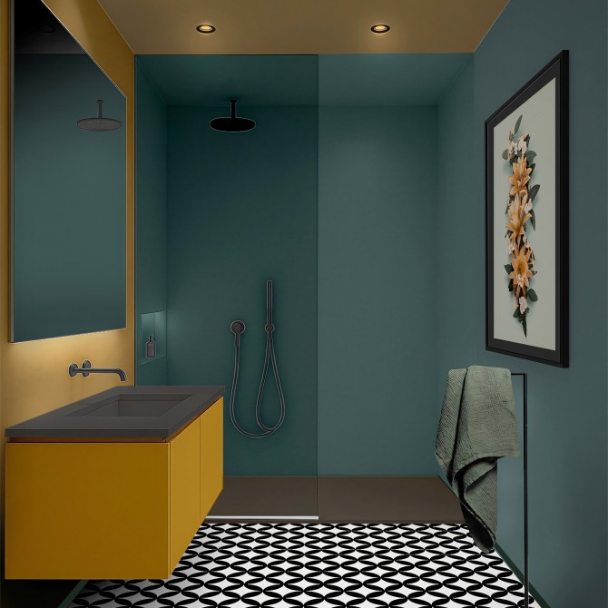 Baño contemporáneo protegido con vinilo adhesivo Verde Aguamarina, lavable y apto para zonas húmedas