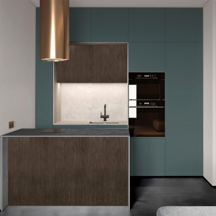 Designer kitchen with cabinets covered in Aquamarine Green adhesive vinyl, fireproof and resistant to cleaning products.