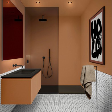 Baño moderno renovado con vinilo adhesivo Marron Arena Terrosa en la ducha, impermeable y antibacterias
