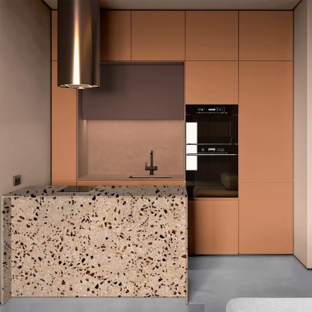 Cocina pequeña renovada con vinilo adhesivo Marron Arena Terrosa en muebles, resistente al calor y fácil de limpiar