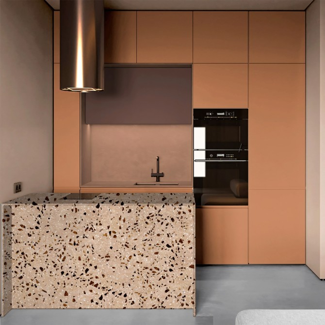 Small kitchen renovated with Earthy Sand Brown adhesive vinyl on cabinets, heat-resistant and easy to clean