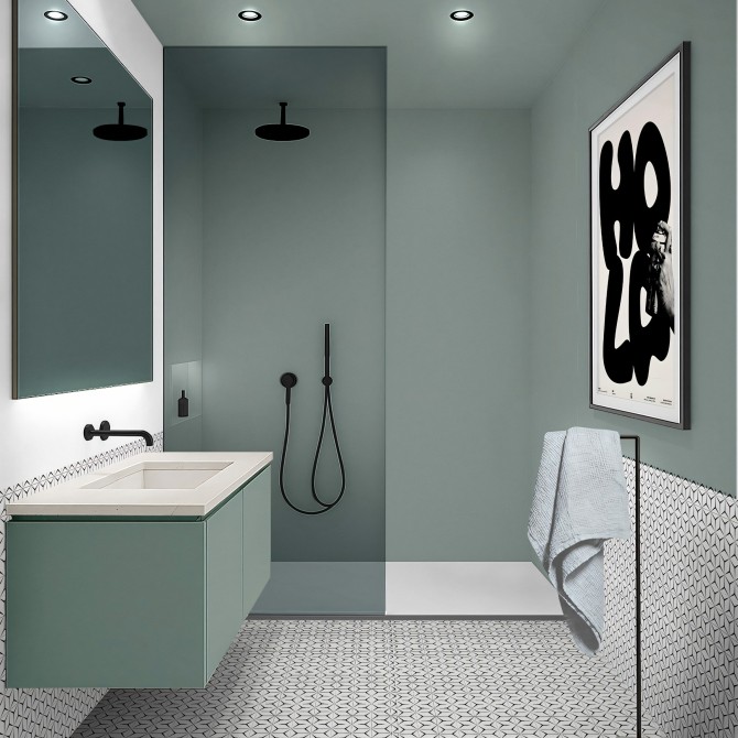 Modern bathroom renovated with Calm Blue adhesive vinyl in the shower, waterproof and antibacterial