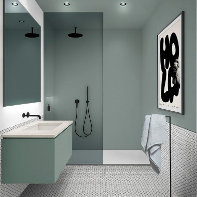 Modern bathroom renovated with Calm Blue adhesive vinyl in the shower, waterproof and antibacterial