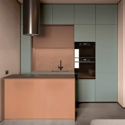 Kitchen without works with adhesive vinyl in Calm Blue color on furniture, washable and resistant to use