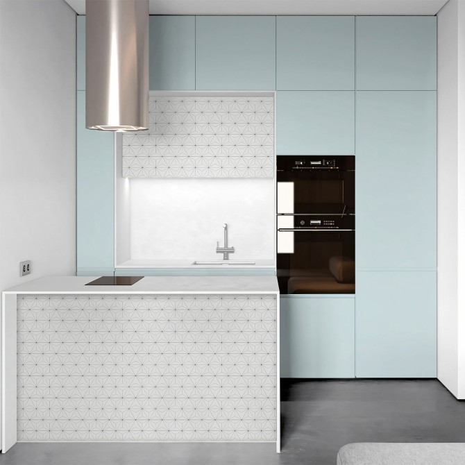 Open kitchen covered with Denmark Blue adhesive vinyl on the cabinets, heat resistant, easy to install