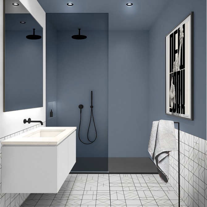 Baño luminoso con vinilo adhesivo Color Azul Cobalto claro en zona húmeda, no se despega con el agua