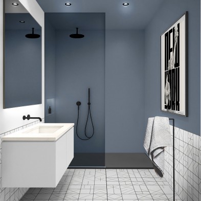 Luminous bathroom with Hurricane Blue adhesive vinyl in wet areas, does not come off with water