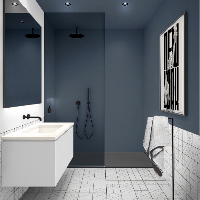 Modern bathroom decorated with Midnight Blue adhesive vinyl, washable and suitable for wet areas