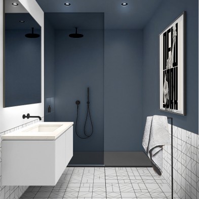 Baño actual decorado con vinilo adhesivo Color Azul Medianoche, lavable y apto para zonas húmedas