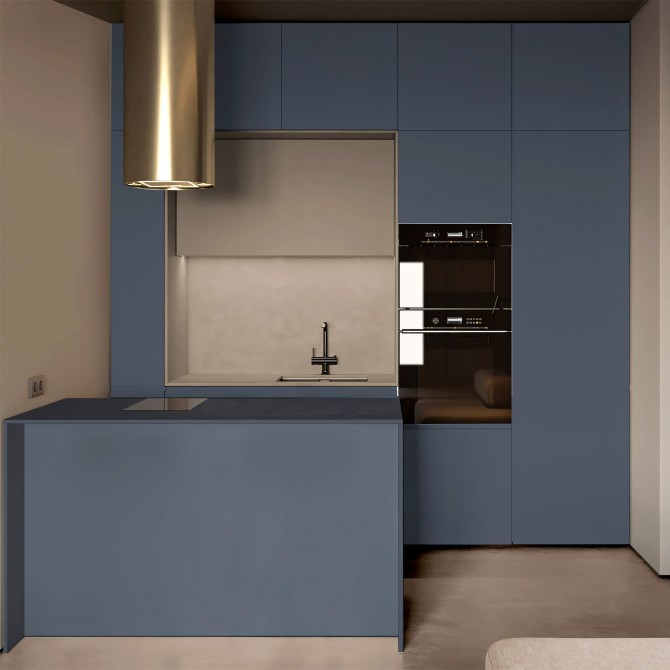Cocina pequeña renovada con vinilo adhesivo Color Azul Medianoche en muebles, resistente al calor y fácil de limpiar