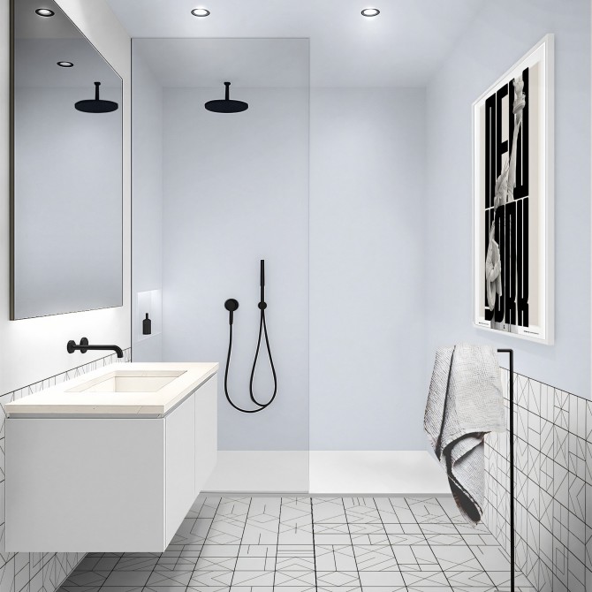 Baño moderno renovado con vinilo adhesivo Color Azul Nevada en la ducha, impermeable y antibacterias