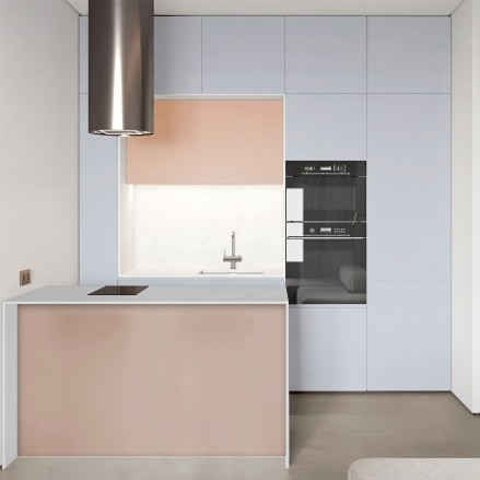 Modern kitchen with Nevada Blue adhesive vinyl on furniture, fireproof and long-lasting