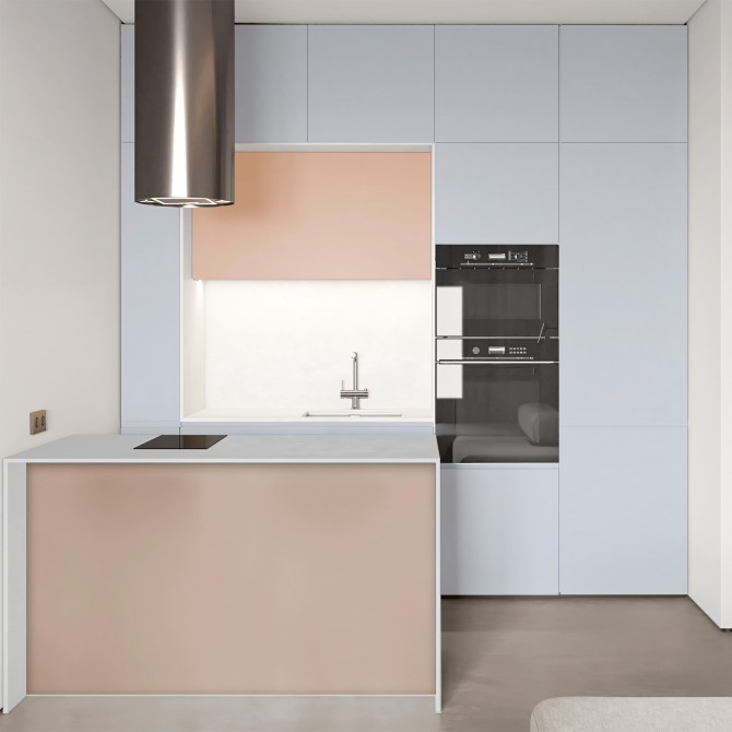Cocina moderna con vinilo adhesivo Color Azul Nevada en muebles, ignífugo y de larga duración