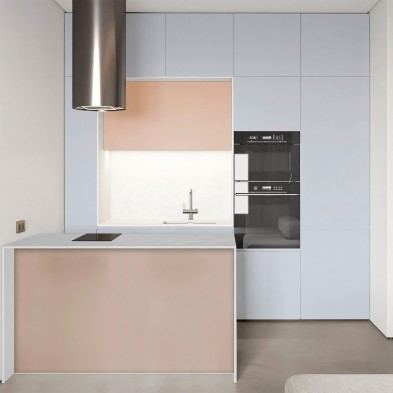 Cocina moderna con vinilo adhesivo Color Azul Nevada en muebles, ignífugo y de larga duración