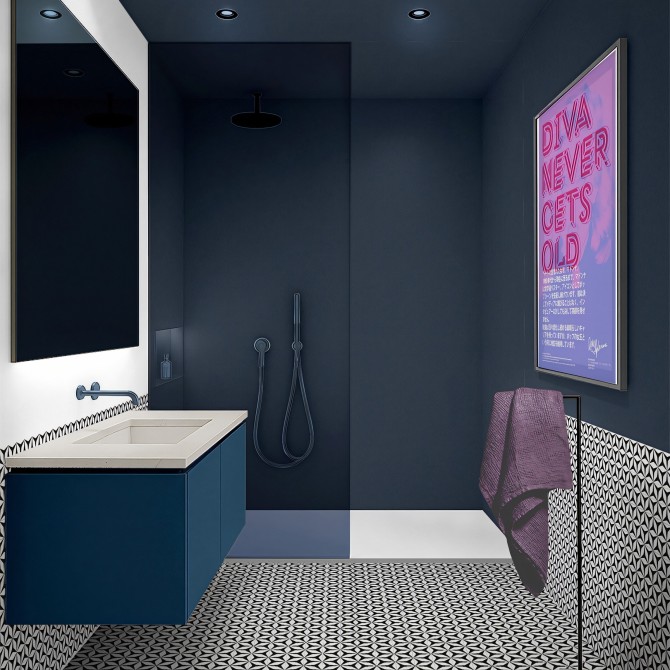 Baño renovado sin reformas con vinilo adhesivo Color Azul Oscuro, antibacterias y resistente a productos