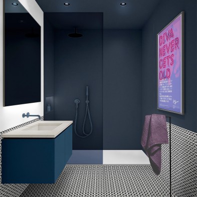 Bathroom renovated without renovations with Dark Blue adhesive vinyl, antibacterial and resistant to chemicals
