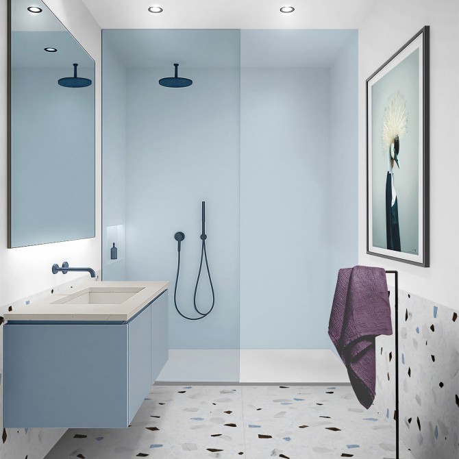 Bathroom renovated without renovations with Volare Pale Blue adhesive vinyl, antibacterial and resistant to chemicals