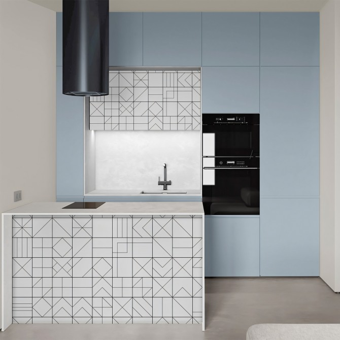 Cocina renovada sin reformas con vinilo adhesivo Color Azul Pálido Volare, ignífugo y ecológico
